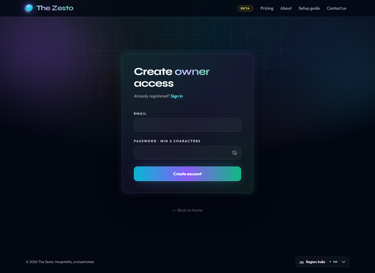 Sign-up form titled Create owner access with email and password fields