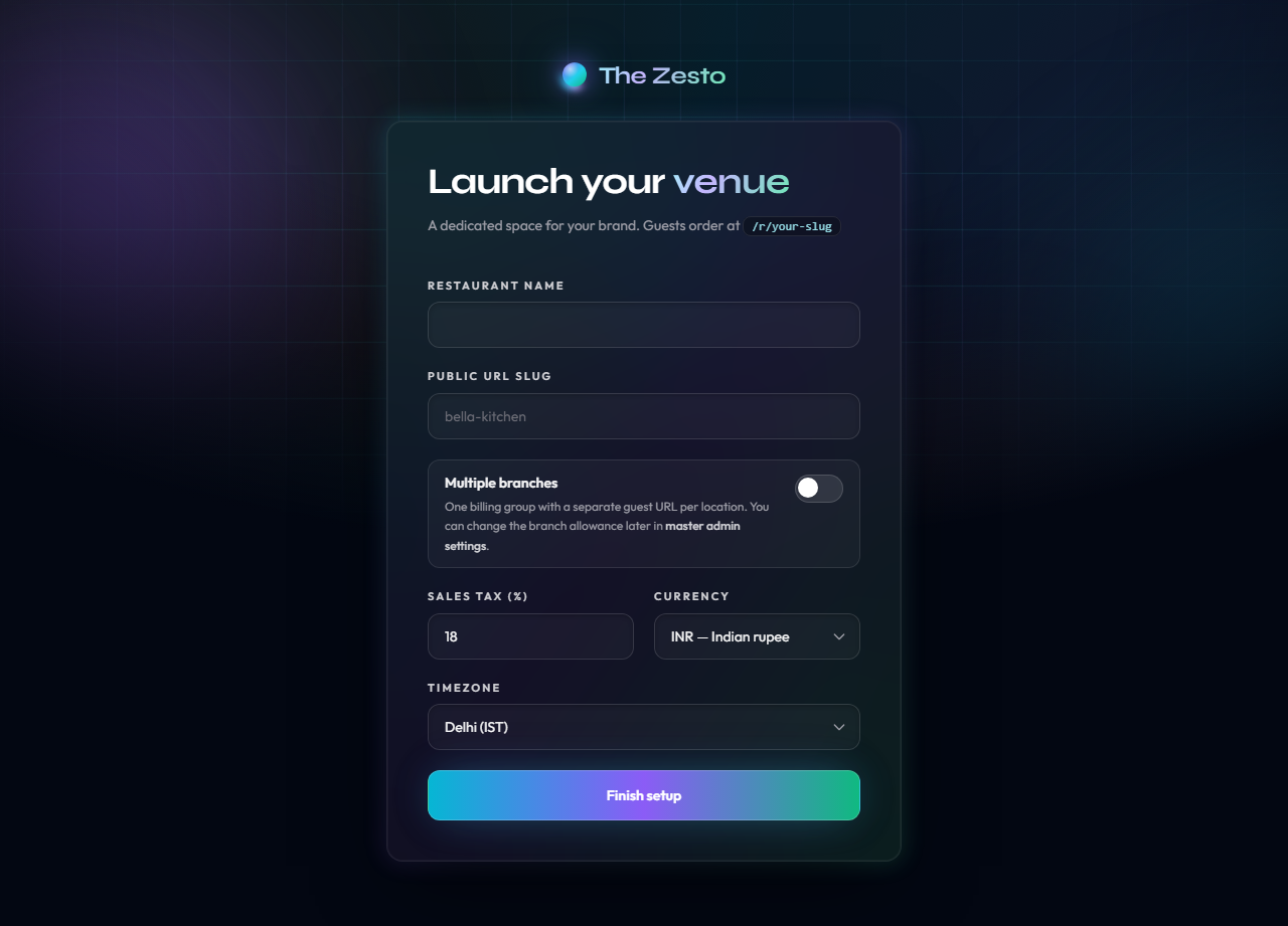 Launch your venue form with restaurant name, slug, tax, currency, and timezone