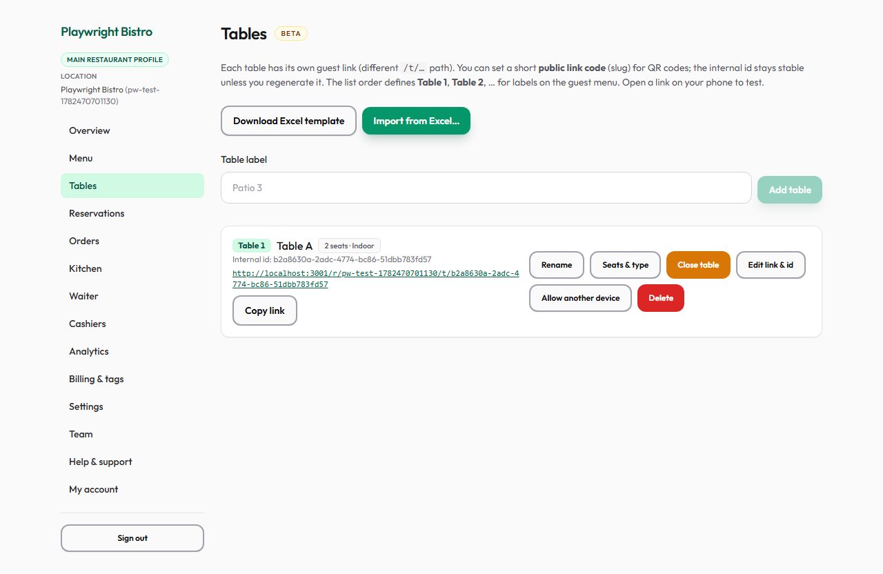 Tables list with QR links and table management actions