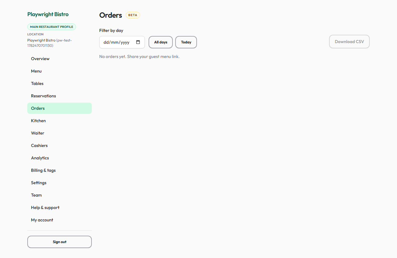 Orders list with status columns for live guest orders