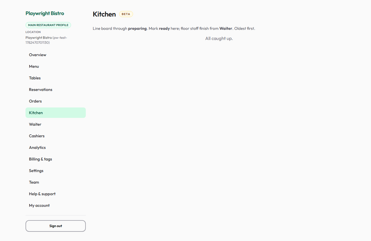 Kitchen board showing order tickets and ready buttons