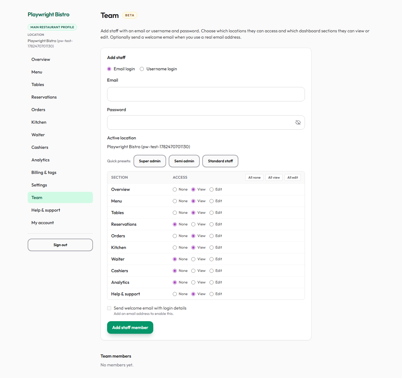 Team management with staff list and permission controls