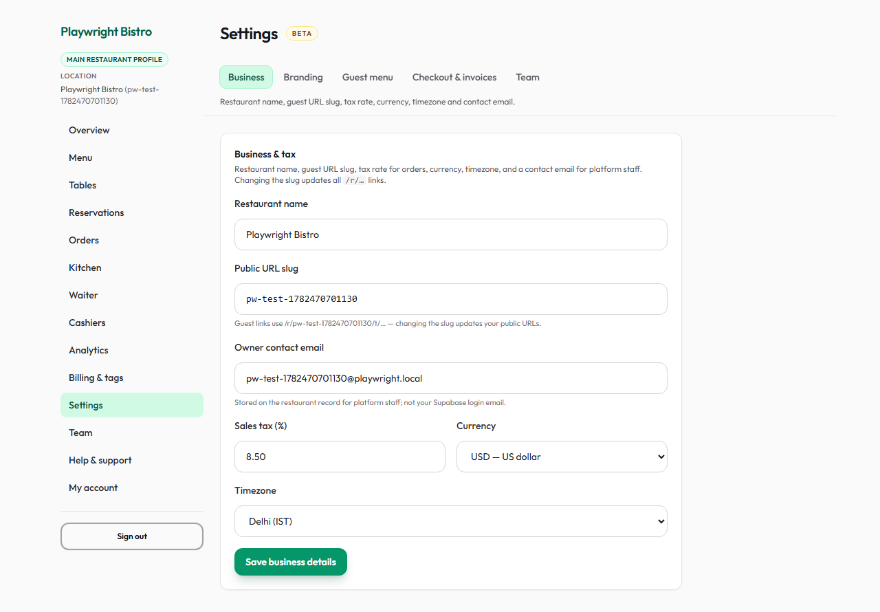Restaurant settings for branding and guest policies