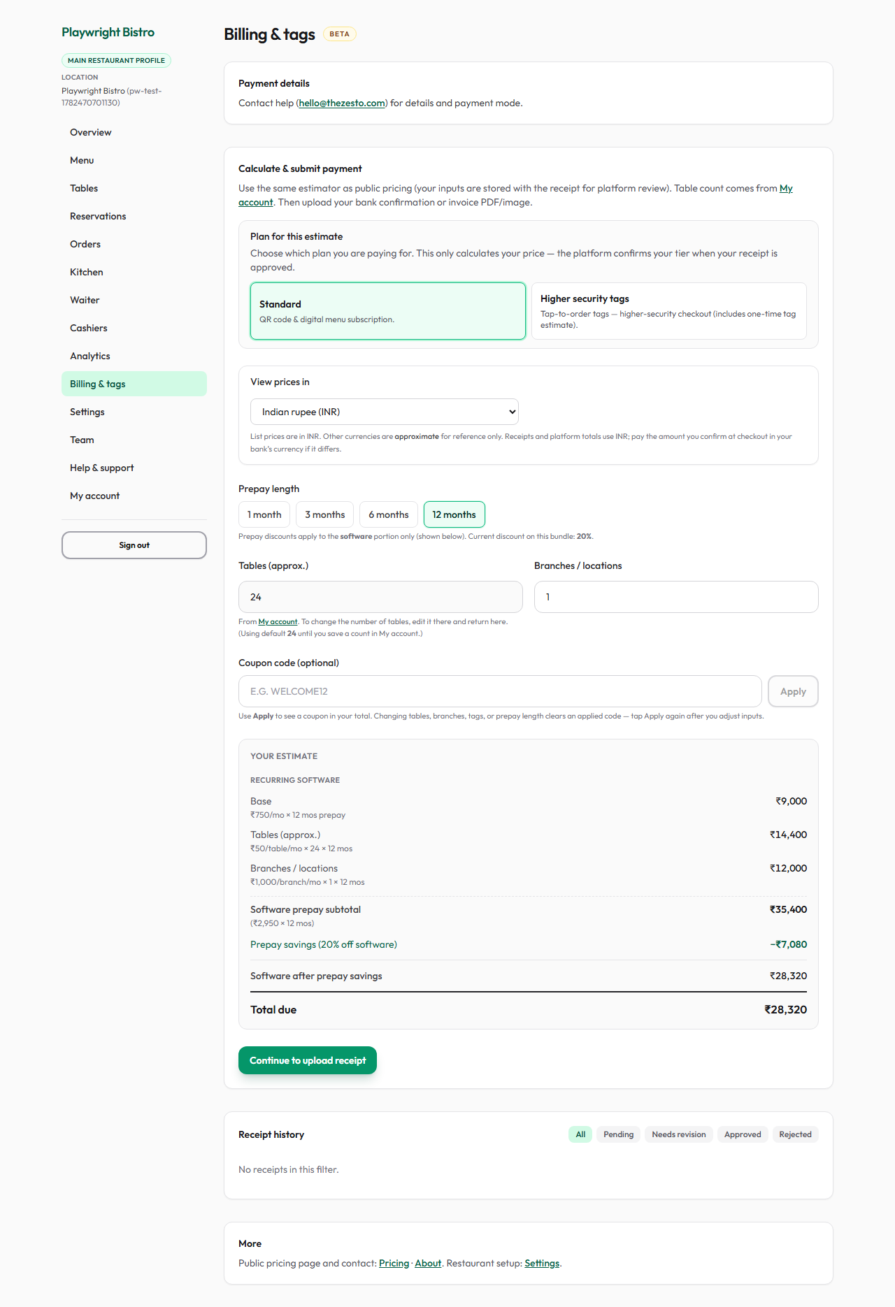 Billing and subscription management with receipt upload