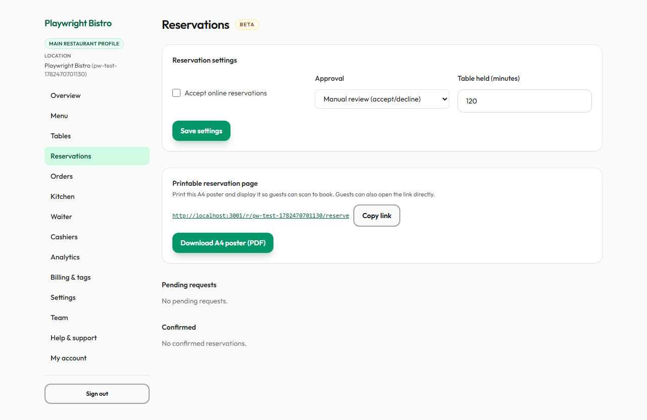 Reservations board showing upcoming table bookings