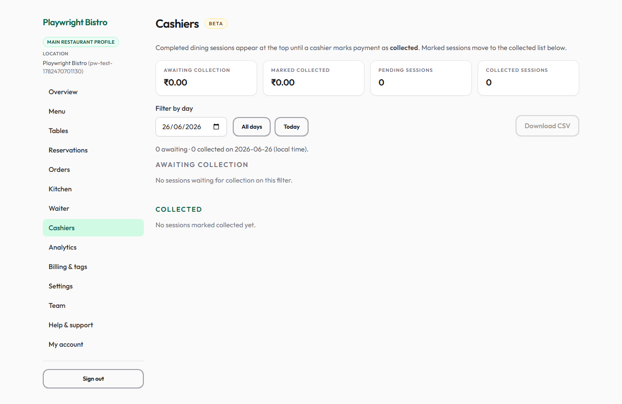 Cashiers view for table bill collections