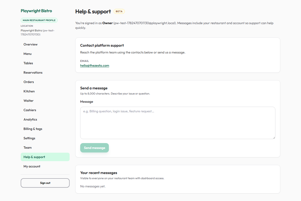 Help and support page with contact details and message form