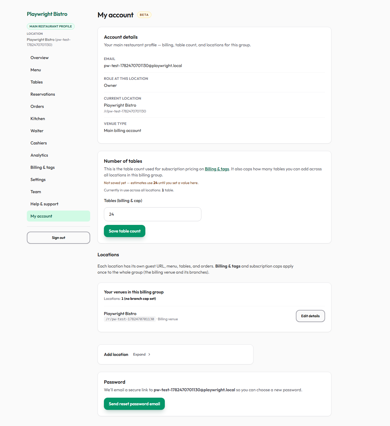 My account page with profile and locations